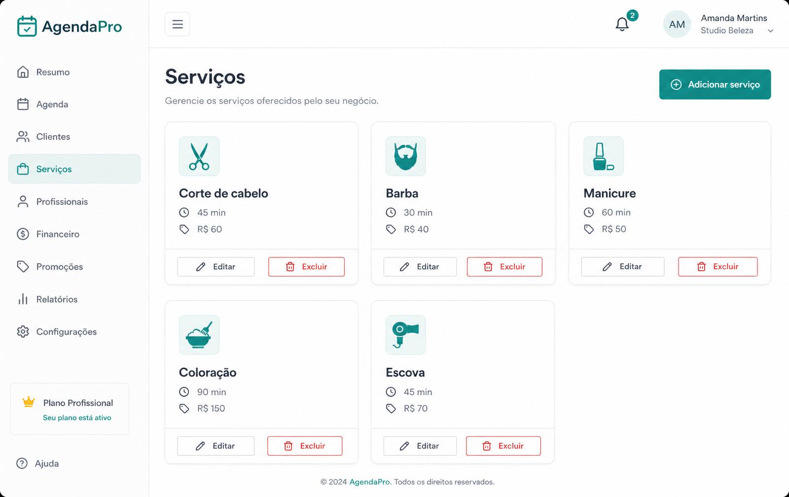 Tela de cadastro de serviços e ordens de serviço digitais