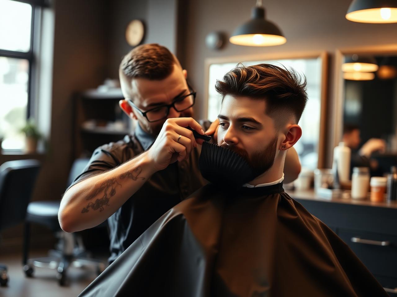 Barbeiro profissional realizando um corte de cabelo masculino em barbearia moderna
