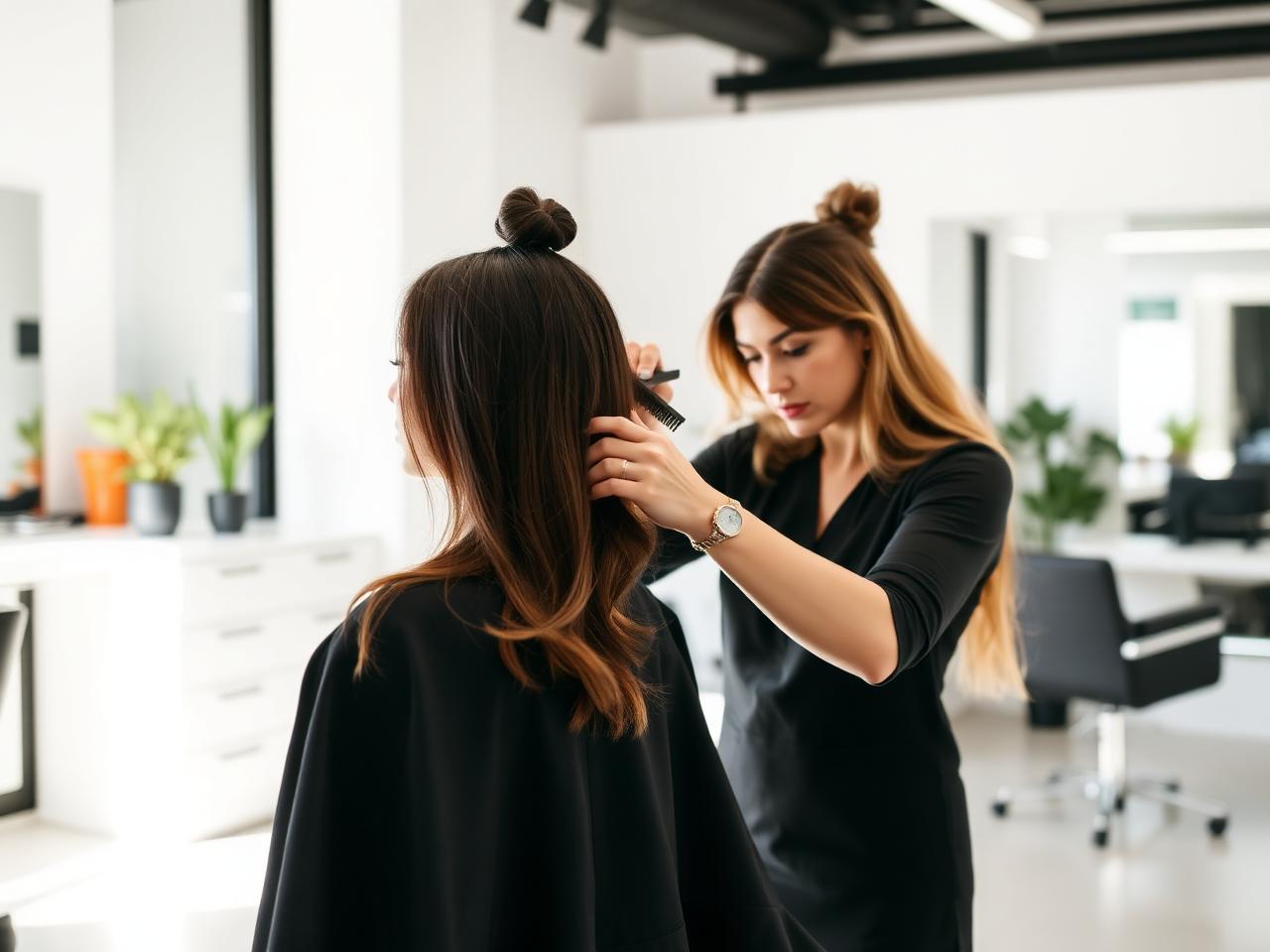 Cabeleireiro fazendo escova em cliente em salão de beleza claro e moderno
