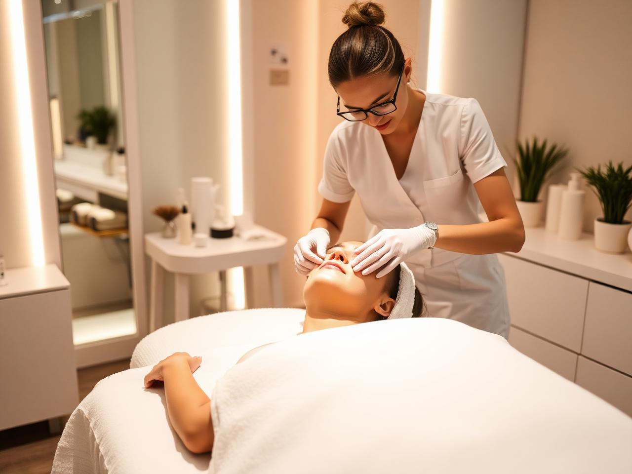 Esteticista aplicando protocolo facial em cliente deitada em maca