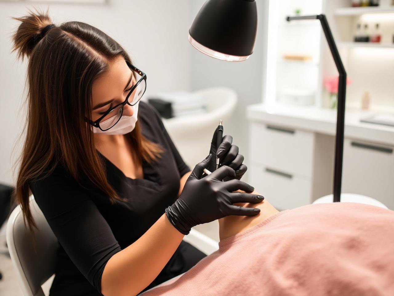 Manicure profissional fazendo as unhas de uma cliente em estúdio de beleza