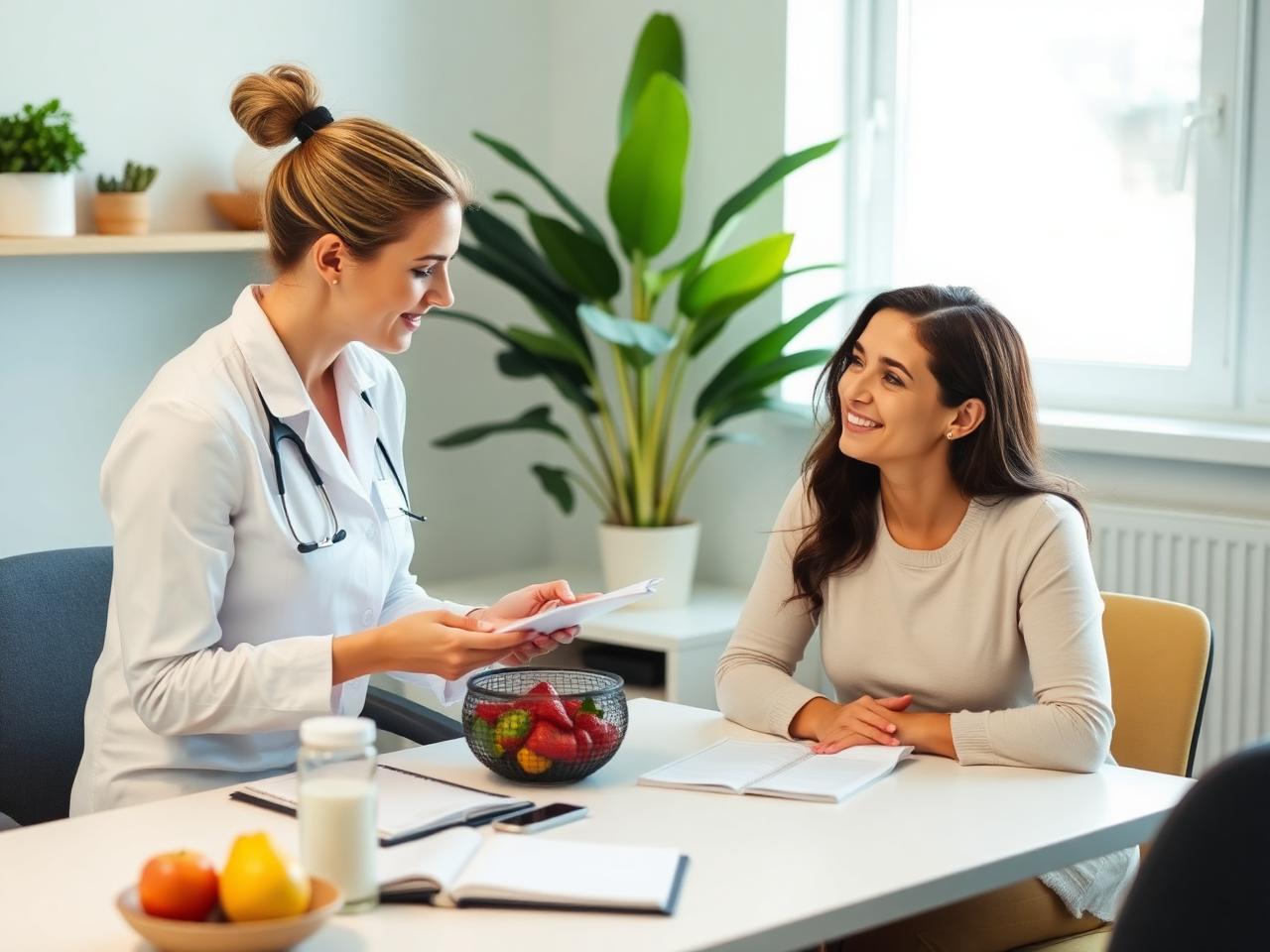 Nutricionista em consulta com paciente em consultório claro