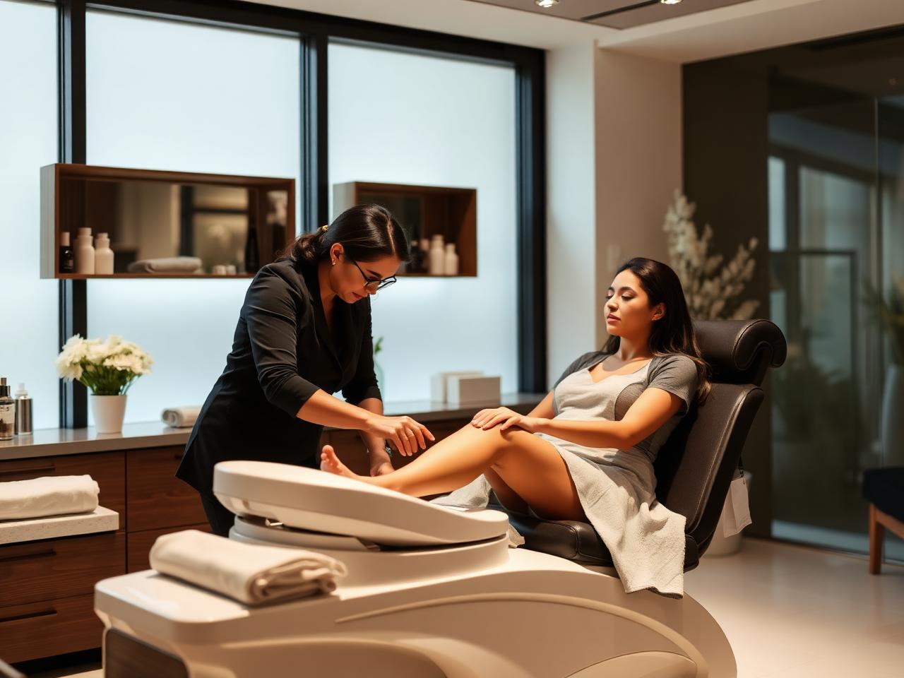 Pedicure profissional cuidando dos pés de uma cliente em spa moderno
