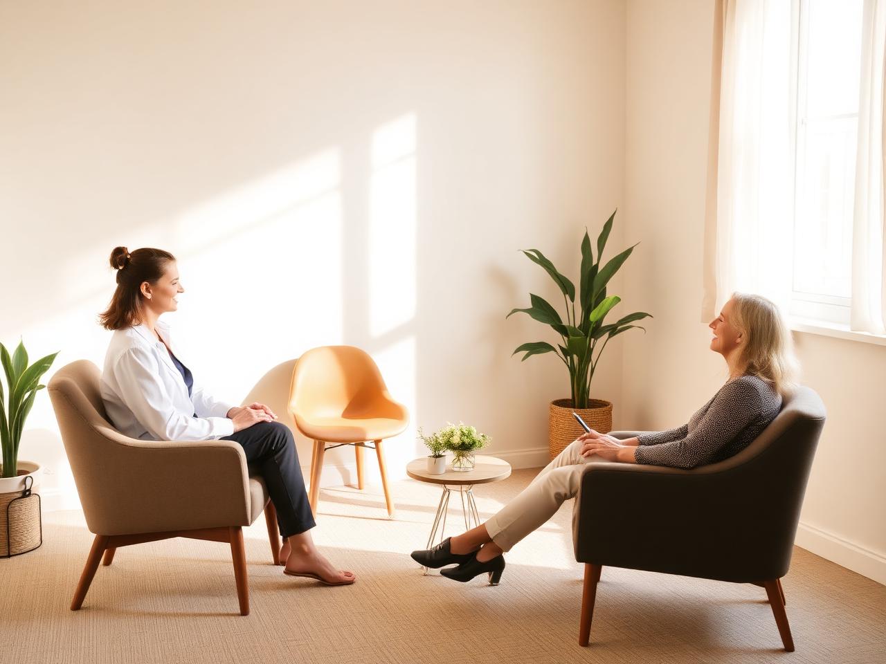 Sessão de psicoterapia em consultório acolhedor e minimalista