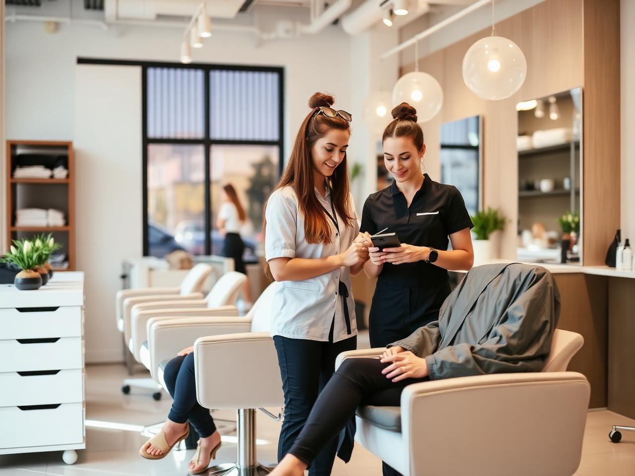 Atendimento em salão de beleza moderno com clientes sendo atendidas